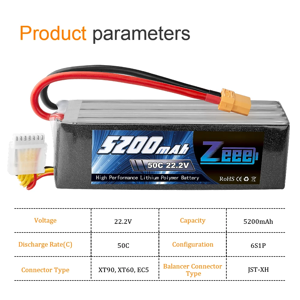 Zeee RC LiPo батарея 50C 5200mAh 22,2 V 6S XT90 LiPo батарея с XT60 EC5 для RC вертолета автомобиля лодки самолета квадрокоптера FPV