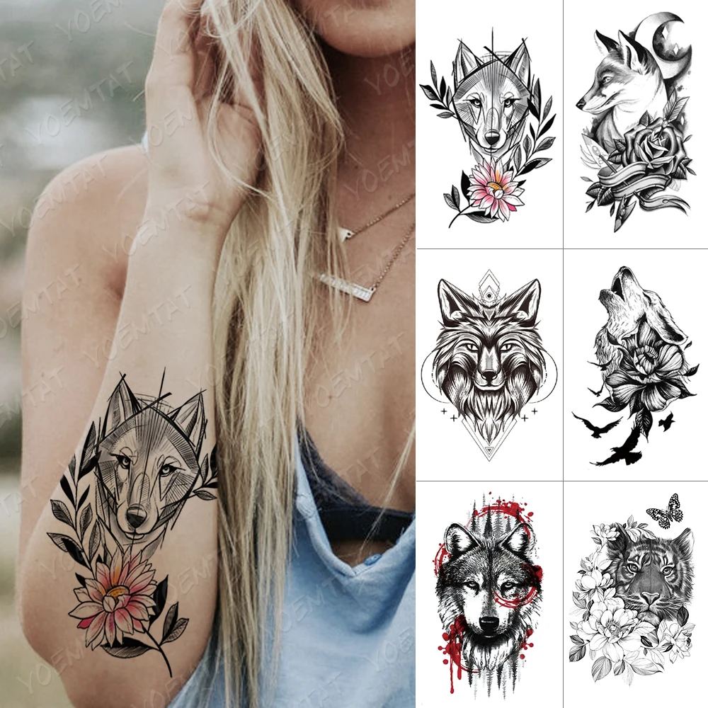 

Waterproof Temporary Tattoo Sticker Tiger Lion Moon Fox Rose Flash Tatoo Bird Flower Wolf Body Art Arm Water Transfer Fake Tatto
