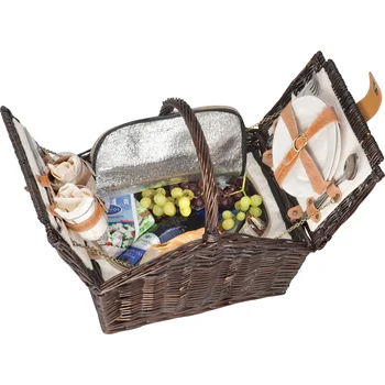 

Picnic basket with two plates, two cups, two napkins and two full sets of cutlery with spoon, fork and knife