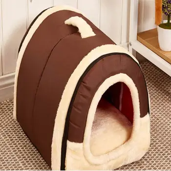 

Brown Dots Dog Cat Sofas & Beds Warm Plush Thick Winter Pet House Foldable House Shape Portable Travel Cat Dog Home Sofa Bed