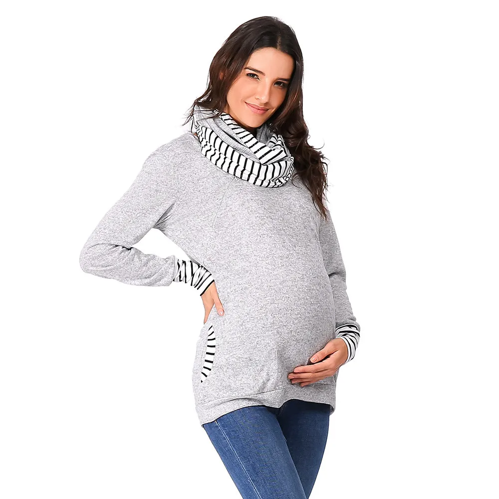 Maternity Blouse 2019Top New Maternity Nursing Striped Zip Scarf Long Sleeve Shirt Breastfeeding Tops For Breastfeeding Cover