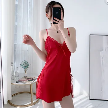 

Sexy Suspenders V-neck Sleepwear Nightgowns Side Slit Lace Stitching White Red Black Home Service Summer Ladies Thin Nightdress