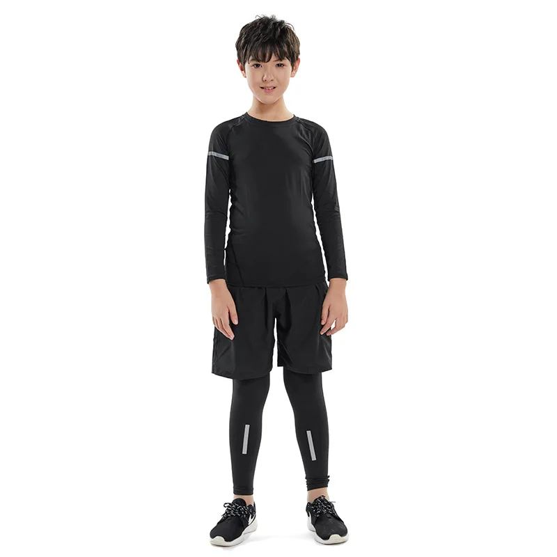 Детские тренировочные костюмы для бега для мальчиков; леггинсы; спортивная одежда для мужчин; колготки для фитнеса; Детский комплект компрессионной спортивной одежды для баскетбола - Цвет: Black 3pcs