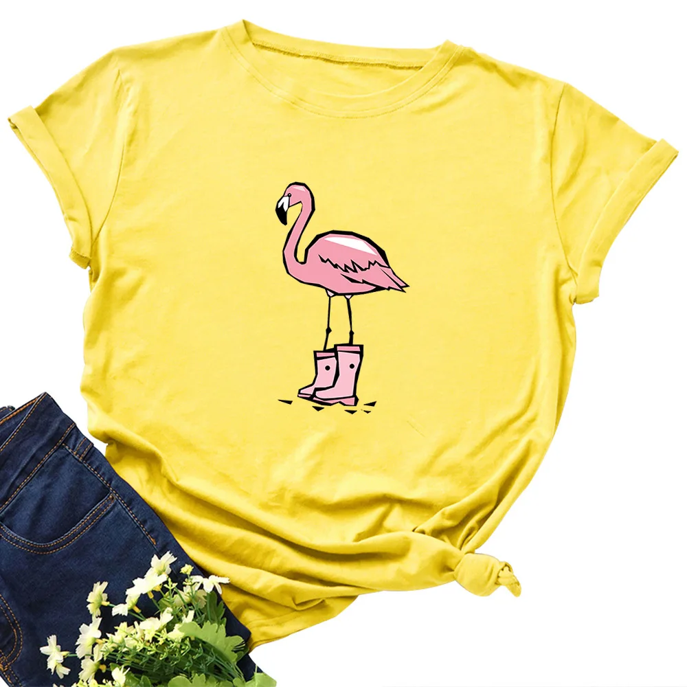SINGRAIN женская футболка с принтом Koya, летняя Милая футболка с рисунком фламинго, повседневные футболки Harajuku, большие размеры, забавная хлопковая Футболка с журавлем - Цвет: neon yellow