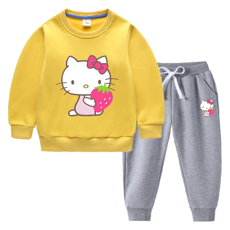 thumbnail image 1 of Hello Kitty estampado de dibujos animados niños más suéter de terciopelo pantalones gruesos cálidos para niños y niñas traje de manga larga de invierno para niños, 1 of 5