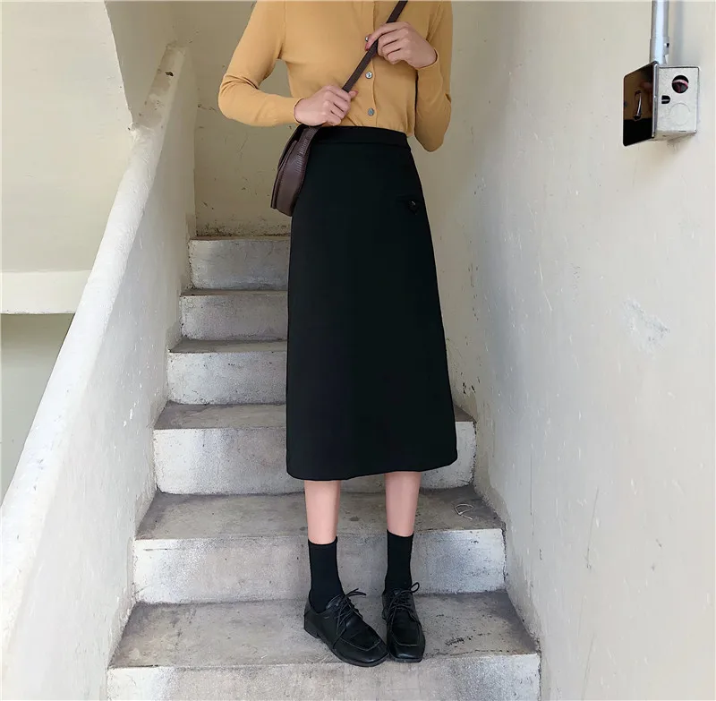 Осенне-зимняя коричневая юбка с высокой талией, шерстяная юбка-карандаш для девушек, офисные юбки средней длины, модные тонкие юбки