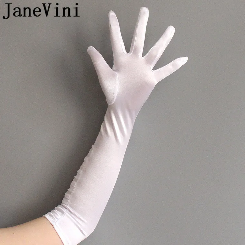 JaneVini 45 см Свадебные Длинные перчатки со складкой белый атлас полный палец Свадебные черные перчатки вечернее платье для выпускного вечера перчатки аксессуары