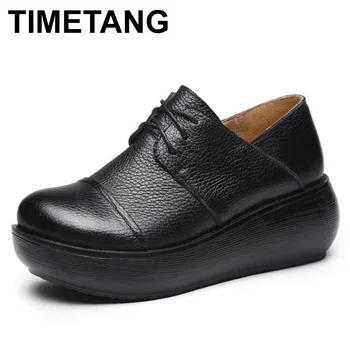 

TIMETANGSpring Autumn New Ethnic Style Single Shoes Women Genuine Leather Shoes Wedges Round Toe High Heels LaceUp PlatformShoes