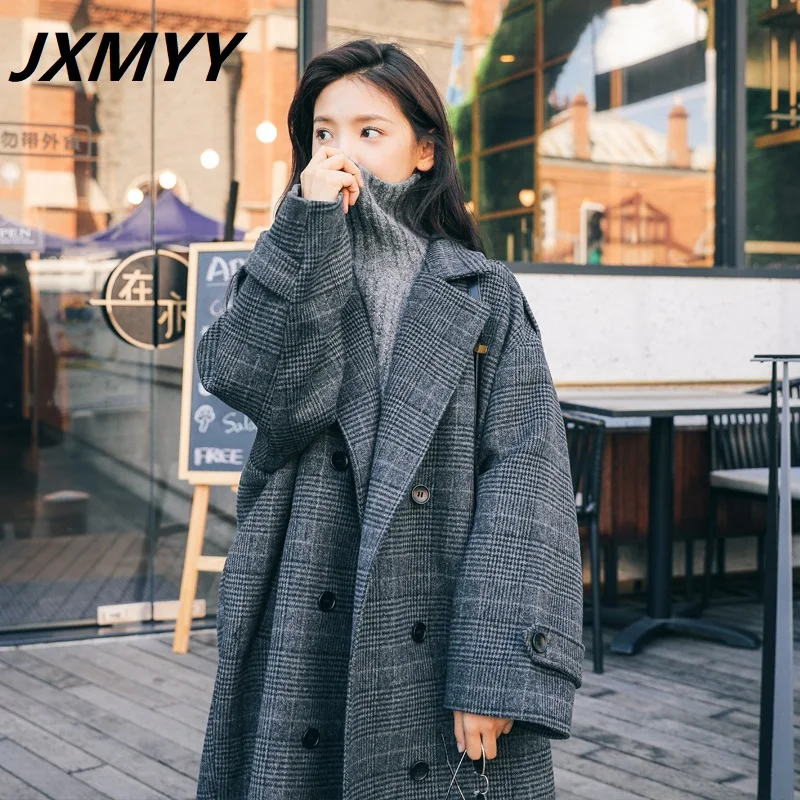 JXMYY Plus Size Fat Sister Mittellanger Overknee-Wollmantel für Herbst/Winter 2023 Neuer dünner Hahnentritt-Karomantel_voghion.com