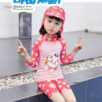 

2020 New Models 1-9 Y Girl Two Piece Swimwear Pink Bear Print Long Sleeve Swimsuit Baby Girls Bathing Suit with Swimming Cap