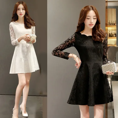 

2016 Spring Clothing New Style Korean-style Waist Hugging Slimming Lace Collar Solid Color Lace Long-sleeved Dress Women's
