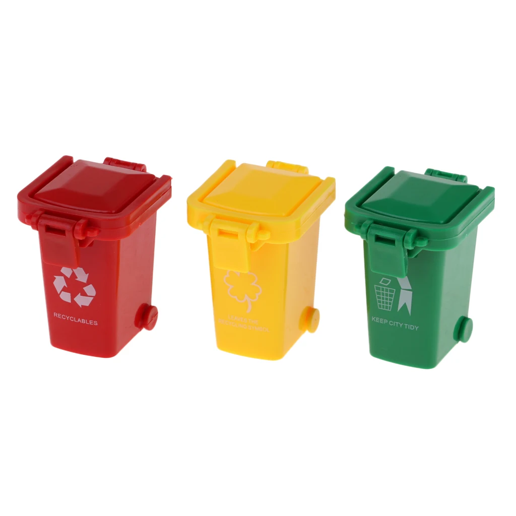 3x Kids Mini Trash Cans Recycling Bins Garbage Truck Toy 3-Pack (Green Red Yellow)