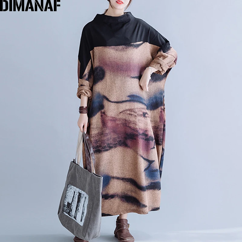 Skup DIMANAF sukienka damska plus size Knitting bawełna jesień Oversize chiński styl luźne kobiet Lady Vestidos drukuj Maxi długa sukienka nowy