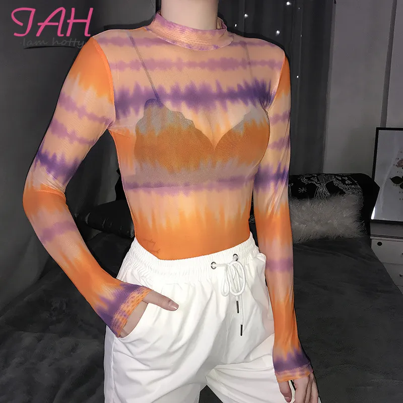 

Iamhotty T Shirt Women Long Sleeve O-Neck Tie-Dye Camisetas Verano Mujer 2019 Transparent Solid Casual MeshFahionRoupas Feminina