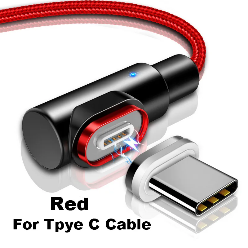 Магнитный usb-кабель для зарядки, 90 градусов, 3 А, быстрая зарядка, Micro usb type C, зарядное устройство для телефона, адаптер, освещение для iPhone, Xiaomi, USBC, провод - Цвет: For Type C Red