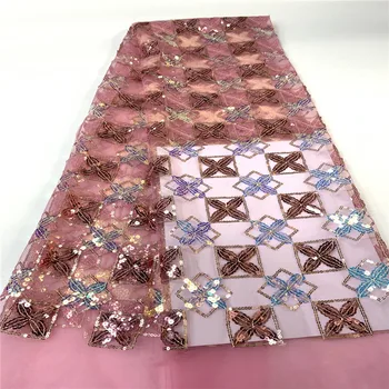 

Latest Nigerian pink/gold Voile Lace Fabric With Color Sequins African Net Lace Fabric Soft Stretch Lace For Wedding Dress