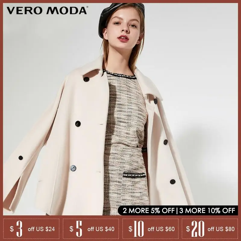 Женское двубортное шерстяное пальто с отворотом Vero Moda | 319327534|Плащи и тренчи|