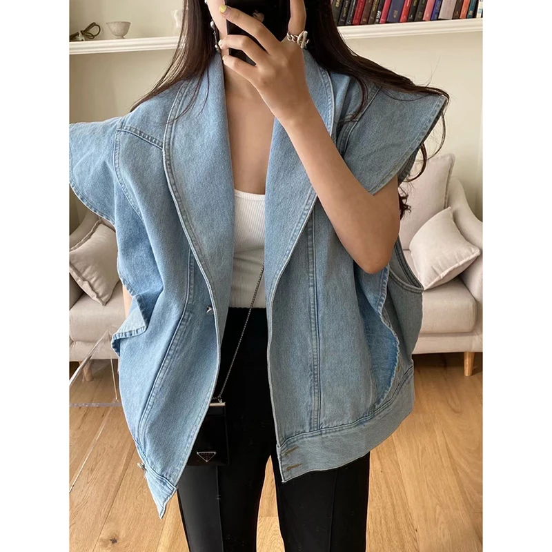 Harajuku Ruffles Oversize Denim Jacket Fashion Sleeveless Large Size Vest Tops Chic Streetwear Jeans Coat Single Breasted Jacket