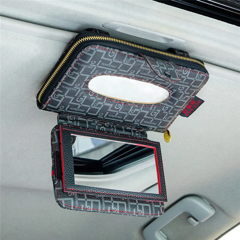 

Car Sun Visor Storage Bag Car Tissue Box Napkin Case Sunshade Makeup Mirror Hanging Tissue Container Glasses Holder