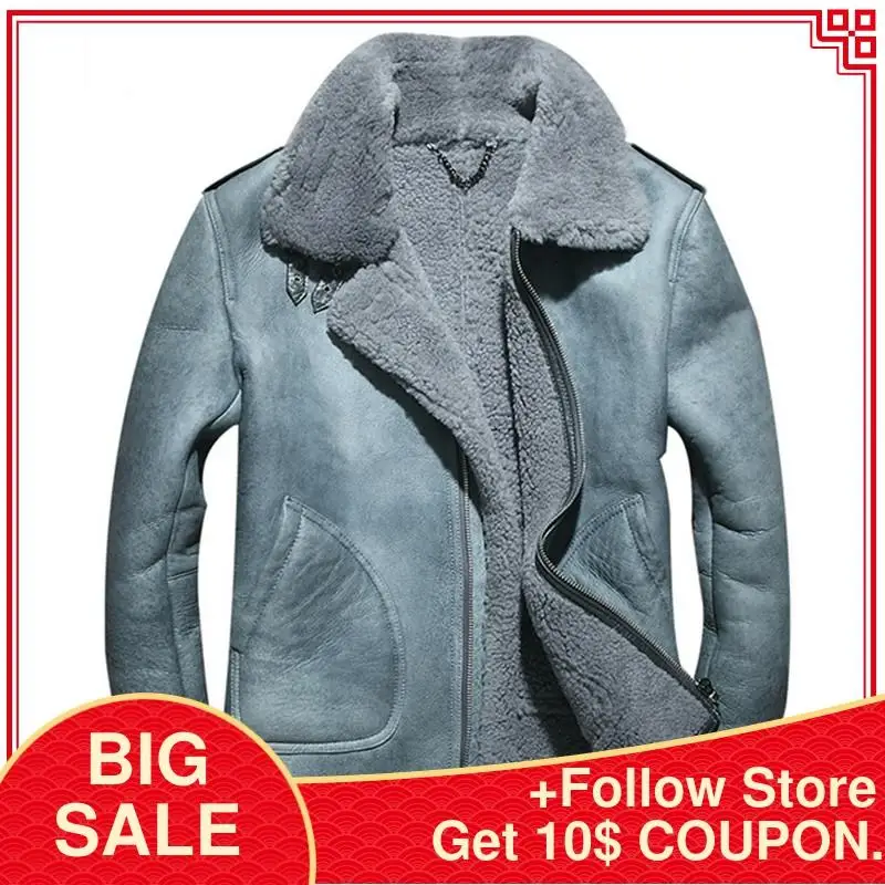 

2020 Blue Men Biker Shearling Leather Jacket Plus Size XXXXL Winter Thick Slim Fit Genuine Russian Shearling Coat FREE SHIPPING