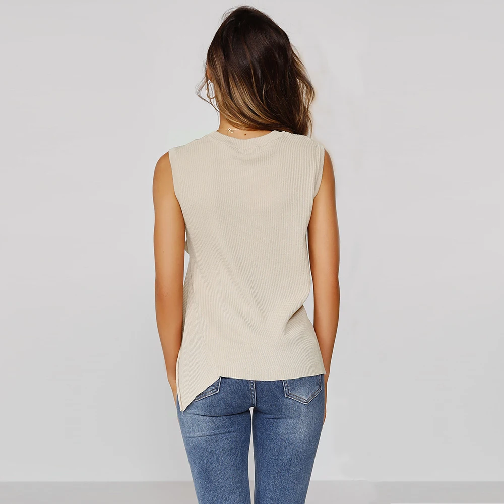 RuiLee Women Knitted waistband Irregular cut Cute Crop Tees Buttoned Up O-Neck Solid Sleeveless Casual Summer T-shirts