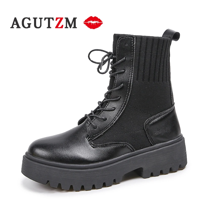 

Black women Motorcyle boots leather Knee-High ladies boots flat platform gothic punk fashion high-top shoes coturno feminino