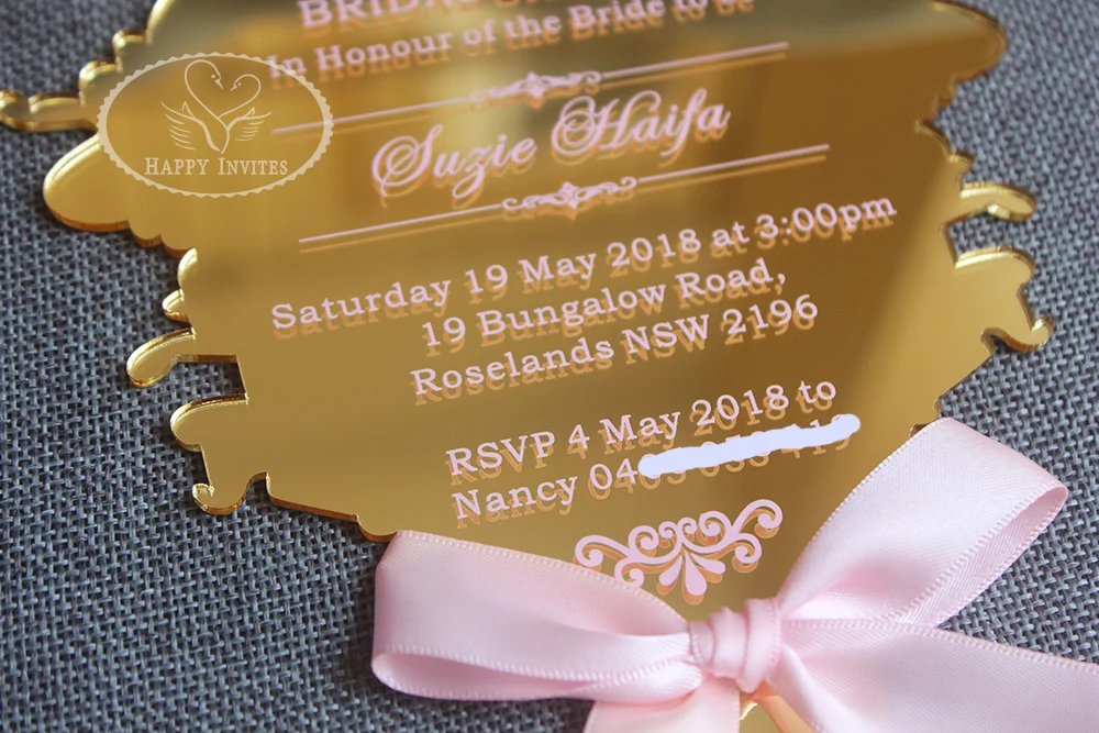 HI4053-17 Customized Gold Mirror Wedding Invitation Card with Pink Printing