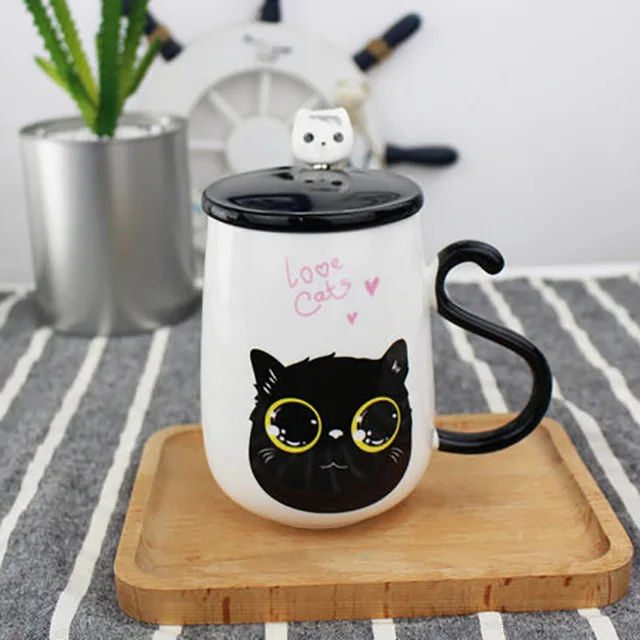 Mug C Керамика s милый кот Керамика Чай Кофе чашка деревянной ложкой Керамика крышка чашки Tazas де Керамика a Creativas посуда домашний, для напитков воды LZI012 - Цвет: Mug C
