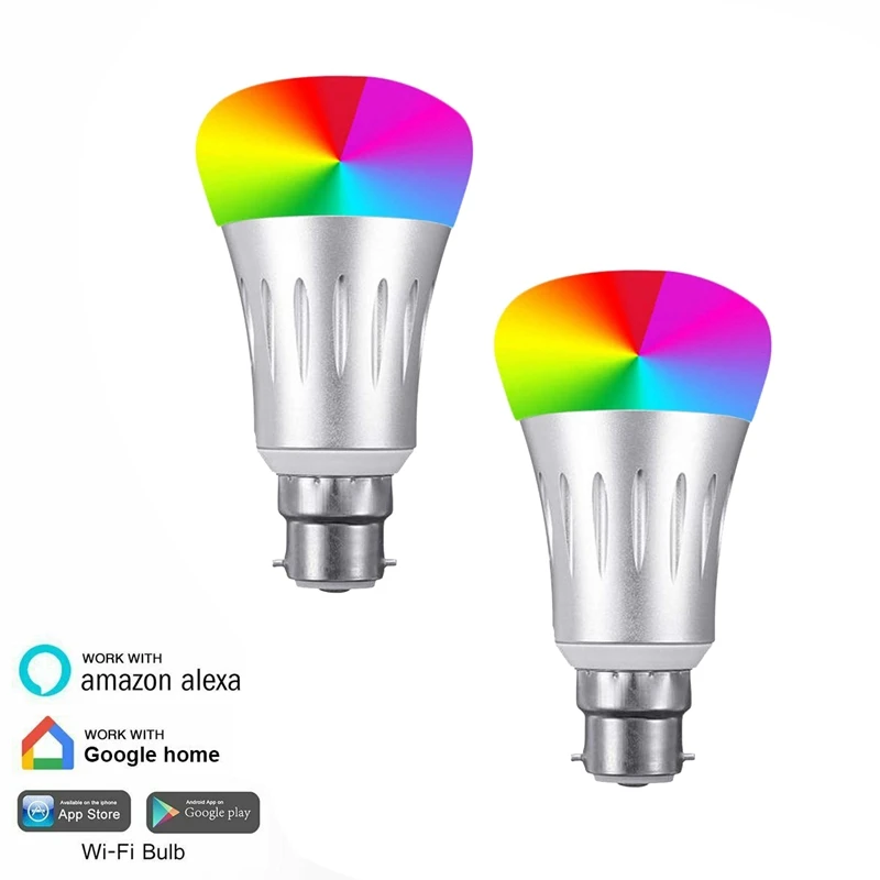 

2 Pack 7W LED Smart Light Bulb B22 WiFi Light Bulb for Alexa Google Home and IFTTT, RGBW Color Changing, 6500K Dimmable, No Hub