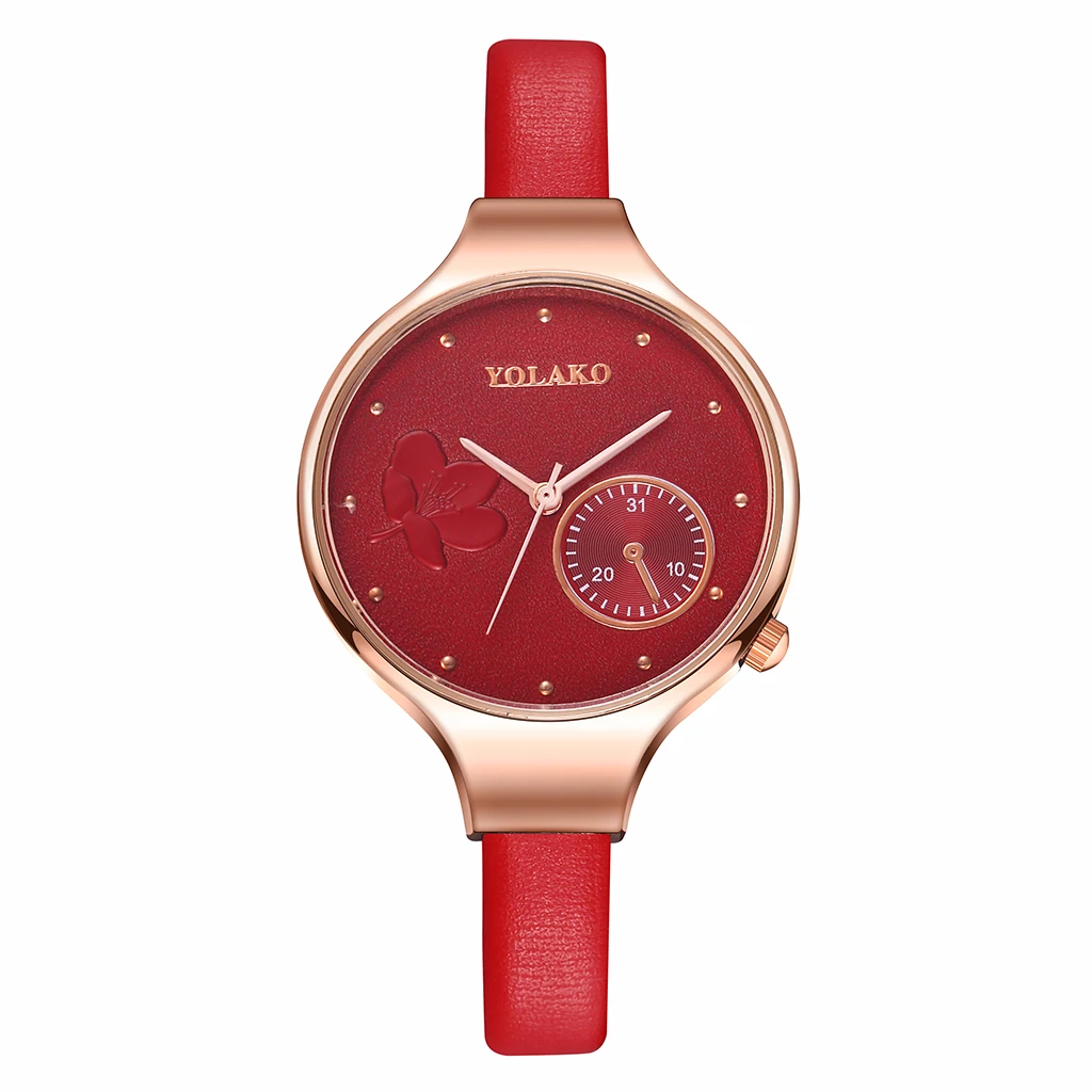 Горячая Распродажа женские модные синие женские кварцевые часы кожаные часы с цветком высококачественные повседневные наручные часы YOLAKO подарочные часы - Цвет: red