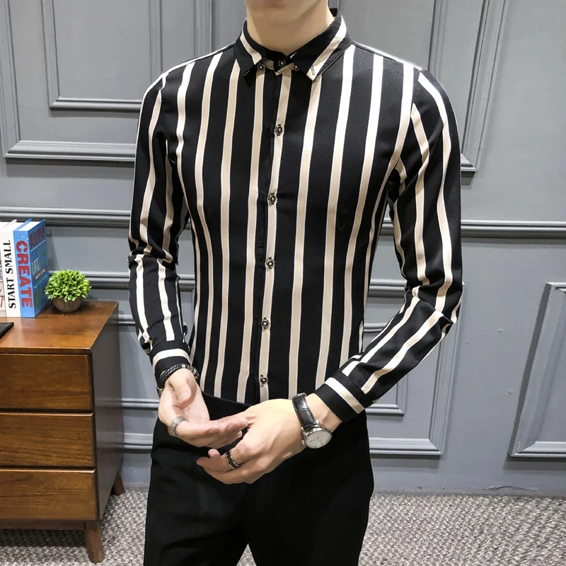 Korean Streetwear Fashion Men's Casual Shirt Slim Fit Men's Casual Striped Shirt Long Sleeve Party Social Shirts Men Male Camisa - Цвет: Черный