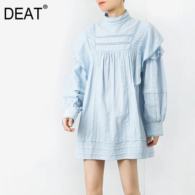 

DEAT 2019 New Turtleneck Ruffles Embroidery Hollow Out Lantern Sleeves Pullover Wide Dress Mini Length WJ04700L sexy