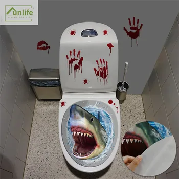 

Shark Bloody Handprint Toilet Sticker Halloween Series Decoration Wallpaper For Bathroom Party Adhesive Waterproof Wall Mural 3D