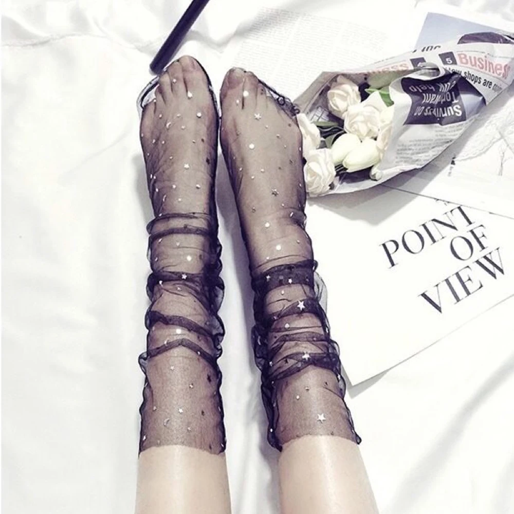 Женские нескользящие носки, 5 шелковых носков с блестками и сеткой, милые повседневные облегающие носки с изображением звездного неба, сексуальные высокие носки с оборками