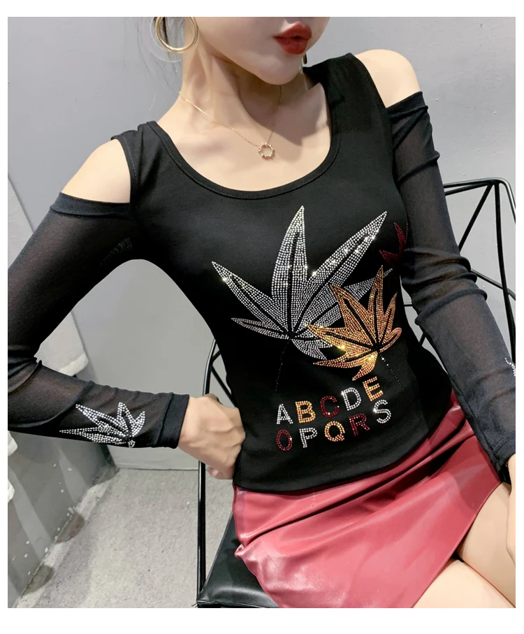 2020 Autumn long sleeve women t-shirt Sexy off the shoulder hot drilling women tops and shirt plus size women clothing