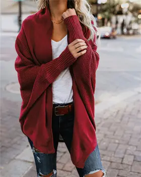 

Women Knit Wear 2019 Solid Color Long Bat Sleeve Knitting Cardigan Loose Coat