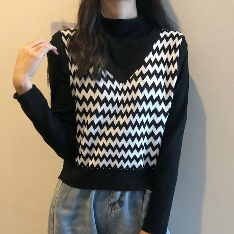 

Jlong Loose Knitted Sweater Vest Women Retro V-neck Sleeveless Sweater Vests Bottoming Tops