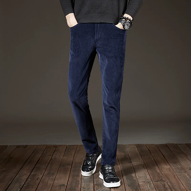 Модные уличные мужские джинсы повседневные деловые вельветовые брюки эластичные коричневые черные осенние зимнее, зауженное мужские зауженные брюки