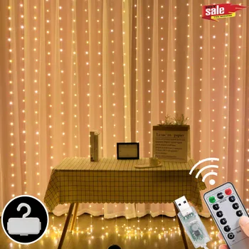 3X3m Gordijn Lamp Usb String Lights Fairy Guirlande Verlichting Afstandsbediening Verlichting Afstandsbediening Led Strip Thuis Slaapkamer Decor Nieuwe Jaar