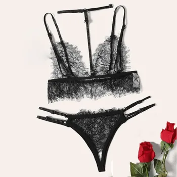 

Fashion Pajamas For Women Lingerie Sexy femme Lace V-Neck Hollow Bra With Thong Lingerie Set Underwear Kawaii Clothes L58