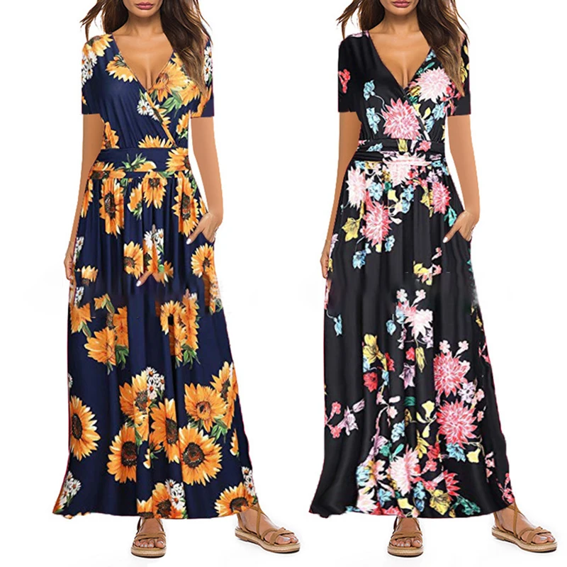 

2021 Женские повседневные с v-образным вырезом и рисунком «лимон платье до пола с короткими рукавами юбка с карманами на груди, Элегантное Веч...