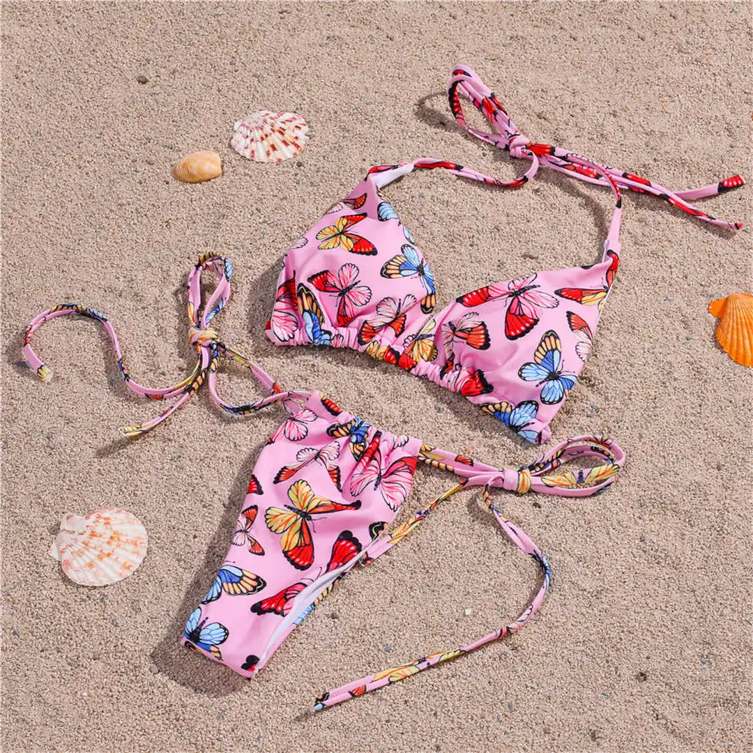 Sexy Butterfly Printed Halter Bikini Women Swimwear Female Swimsuit Two-pieces Bikini set Thong Bather Bathing Suit Swim V2409
