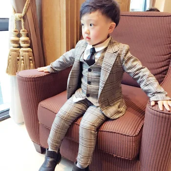 

2019 lattice Kids Blazer suit Baby Boys Costume Formal 3pcs Coat+ Pants+vest child Suits Tuxedo Wedding Chlidren boys Clothing