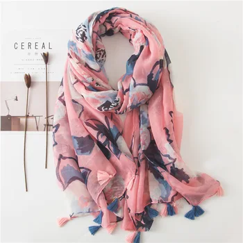 

2020 China style Fashion Blue powder print Tassels Seaside silk Scarf beach headcloth Autumn and winter Women's Sunscreen Shawl