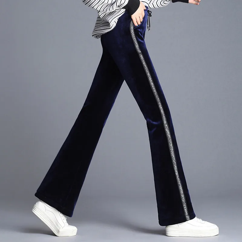 #2029 Autumn Winter Black Blue Casual Pleuche Pants Women Side Striped Sweat Ladies High Waist Plus Size Regular Fit | Женская одежда