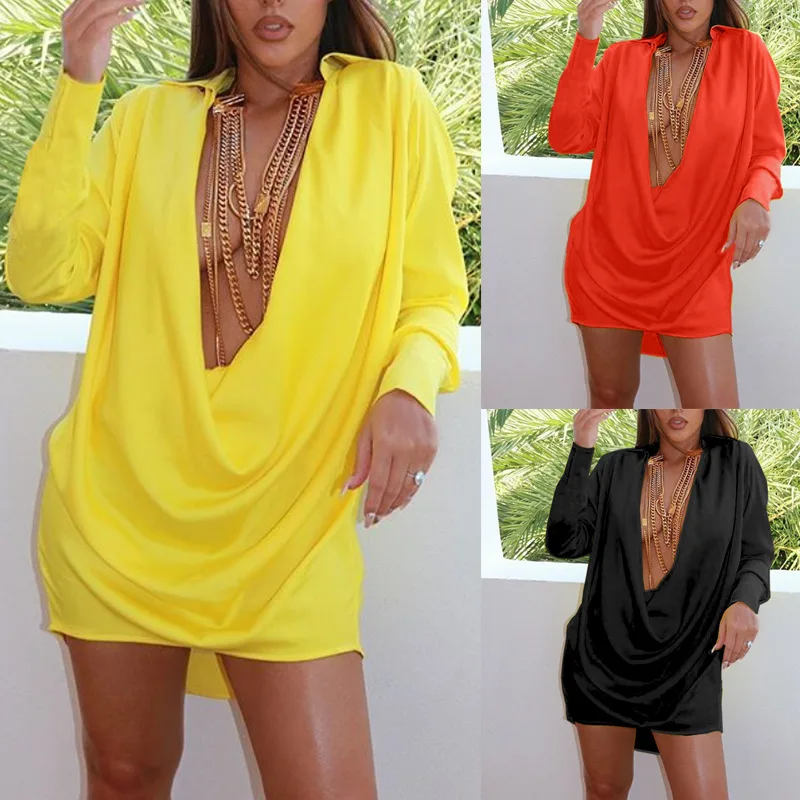 

Демисезонный женские пикантные отворот на заказ Vestidos 3 цвета с глубоким v-образным вырезом с длинным рукавом свободная талия пуловер платье-Карандаш Клубная одежда