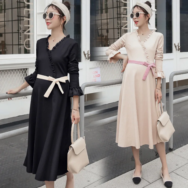 

2019 Autumn And Winter Frilled Korean-style Pregnant Women Fashion Mom Base Lace-up Long Sleeve Loose-Fit Dress