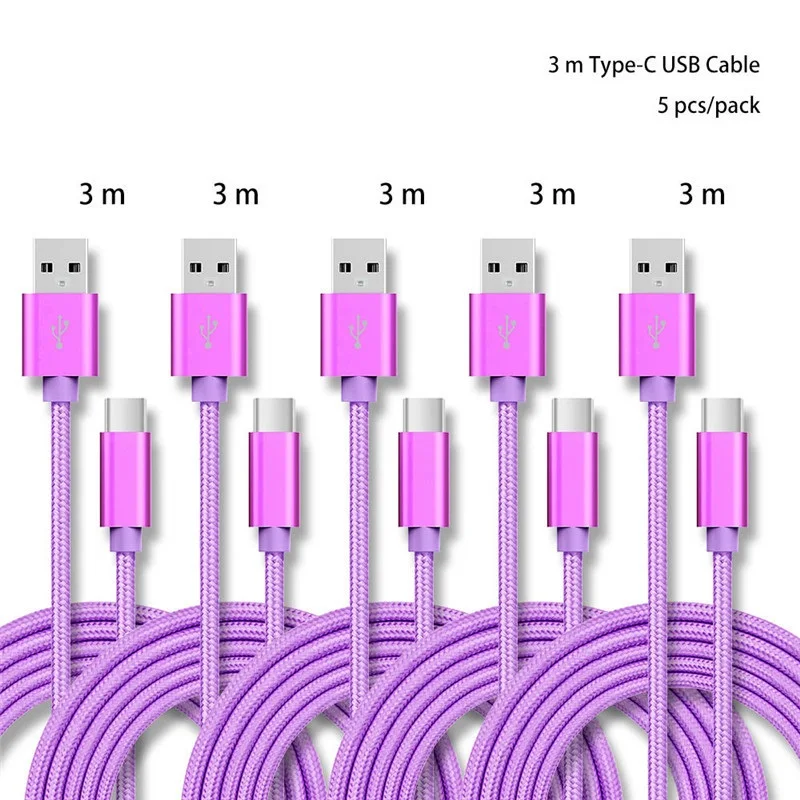 3 м 5 шт./упак. Тип C до USB 2,0 USB кабель с нейлоновой оплеткой зарядный кабель для huawei P30 mate 20 xiaomi samsung Примечание 10 S10 OPPO R17 vivo onePlus 7, 6 комплектов/партия, футболка