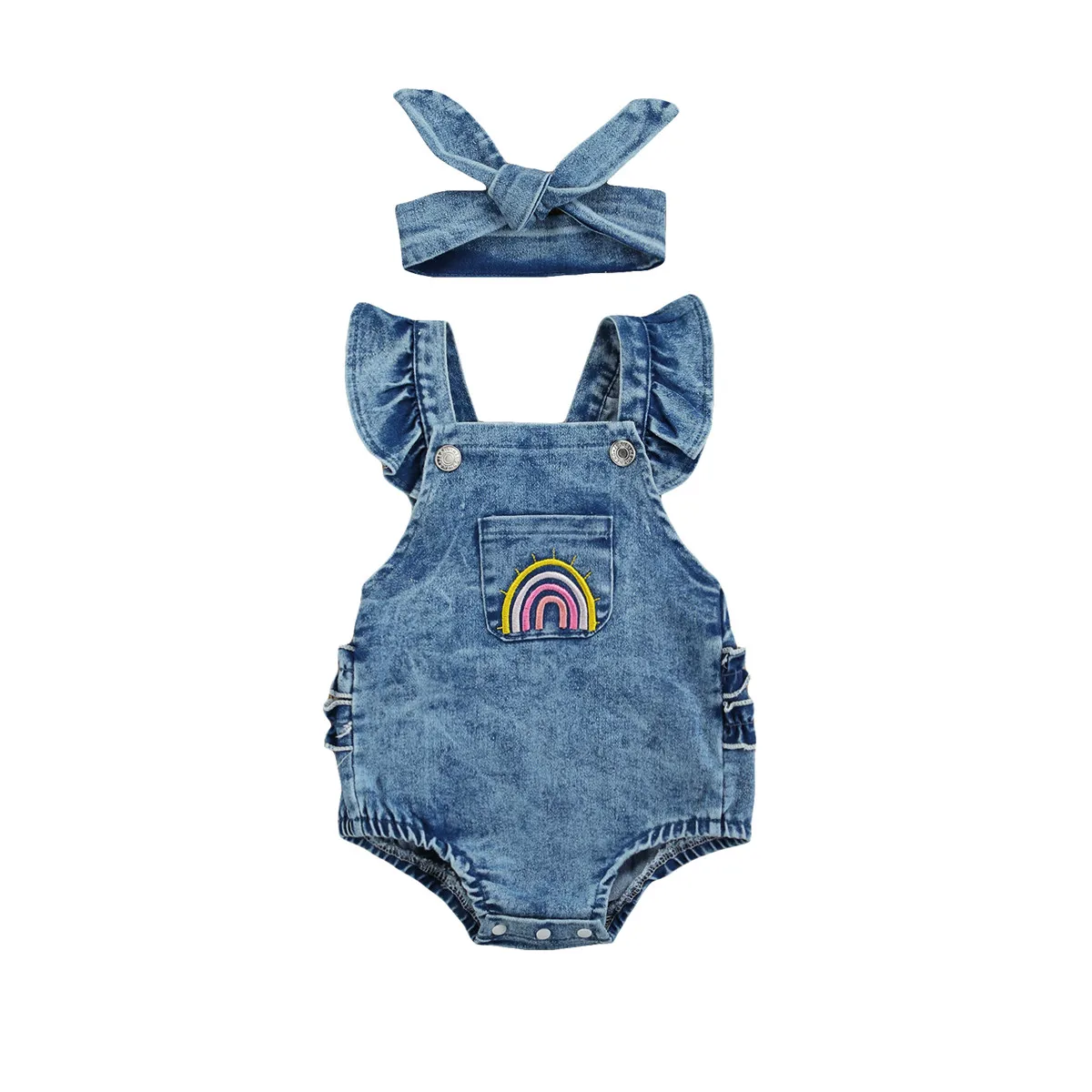 Breathable Baby Girls Outfit Infant Summer Creative Rainbow Embroidery Fly Sleeve Lace Decoration Denim Romper + Headwear Set baby rompers baby jumpsuit baby clothing