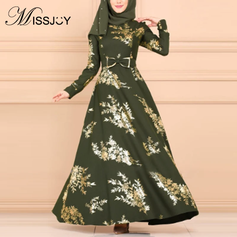 

MISSJOY Muslim Women Dress Formal Evening Party Middle Eastern Sashes Bow Elegant Abayas Printed Turkish Islamic Clothing Плать